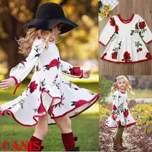 Princess Toddler Baby Girls Floral Print Dress Long Sleeve Valentine Party Pageant Dresses Kids Clothes Sundress 0-5Y | Детская одежда