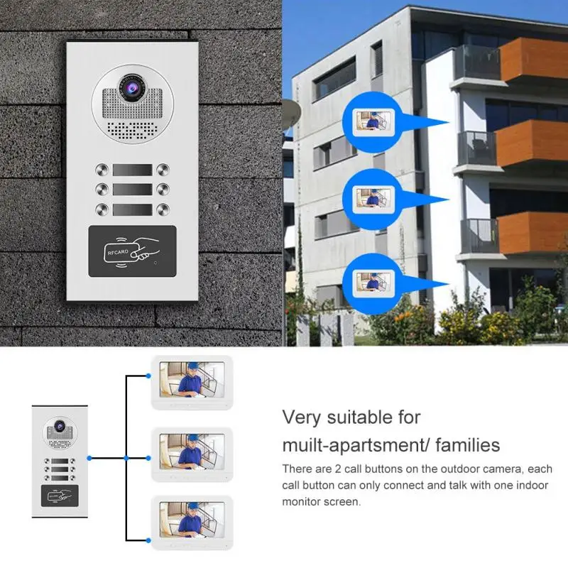 7 дюймов видеодомофон умный дверной звонок телефон двери RFID камера 3 квартиры deurbel