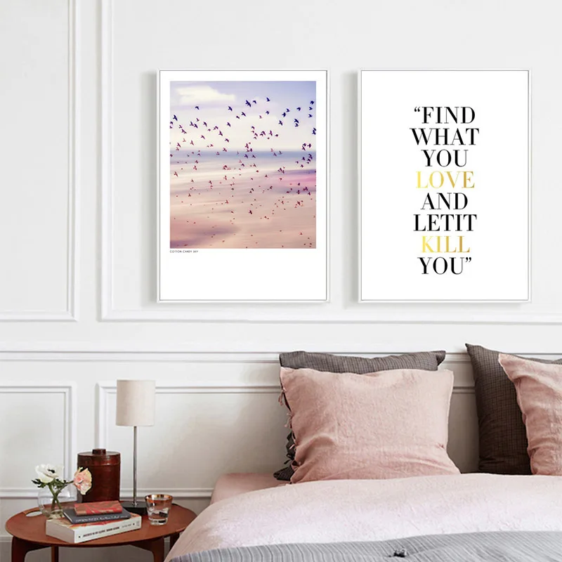 Pink Sky Birds Wall Art Canvas Painting Yellow Letter Posters And Prints Two Pictures For Living Room Unframed | Дом и сад