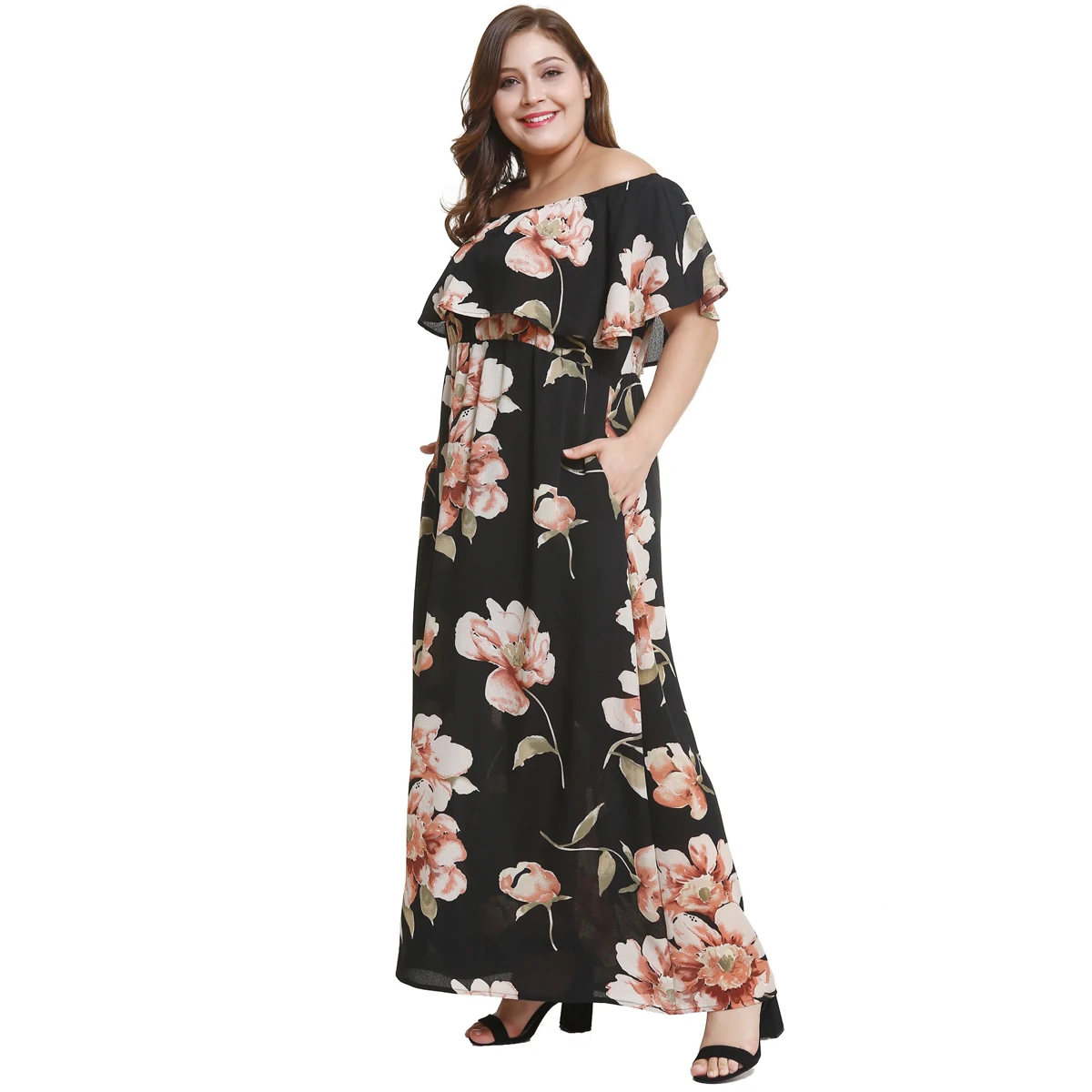 Wipalo Plus Size Floral Ruffled Print Maxi Dress Women Bohemian Off Shoulder Short Sleeve Summer Dresses Clothing Vestidos|Женские