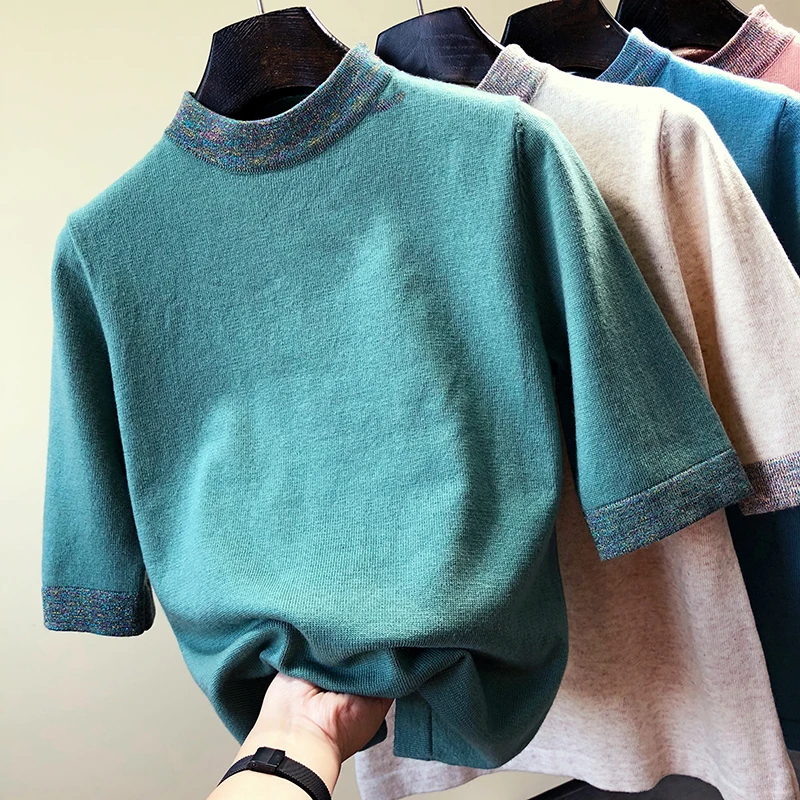 Shiny Lurex Sweater Women Hot Sale Short Sleeve Pullover Basic Sweaters 2019 Korean Style Knit Tops Femme | Женская одежда