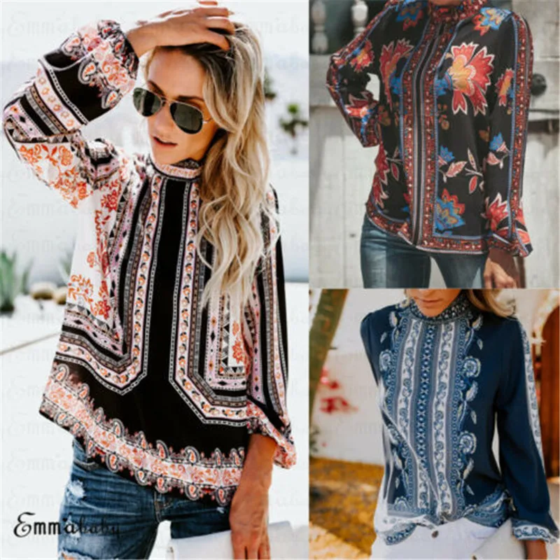 Женская Повседневная Блузка с длинным рукавом винтажная блузка цветочным