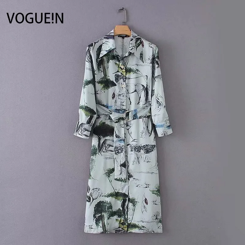 Женское Повседневное платье миди VOGUEIN с рукавом 3/4 и поясом на завязках в стиле