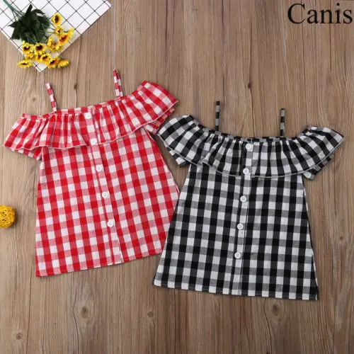 Toddler Check Dress Infant Baby Girl Off Shoulder Plaid Ruffle Princess Tutu Dresses Summer Children Outfit1-6Y | Детская одежда и