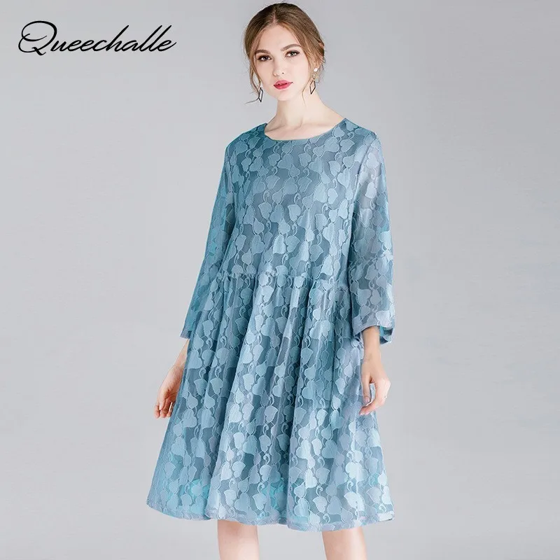 Blue Pink Black Lace Dress for Women Back Up Sweet Loose A-line Elegant Hollow 3/4 Sleeve Party Dresses Plus Size 4XL | Женская одежда