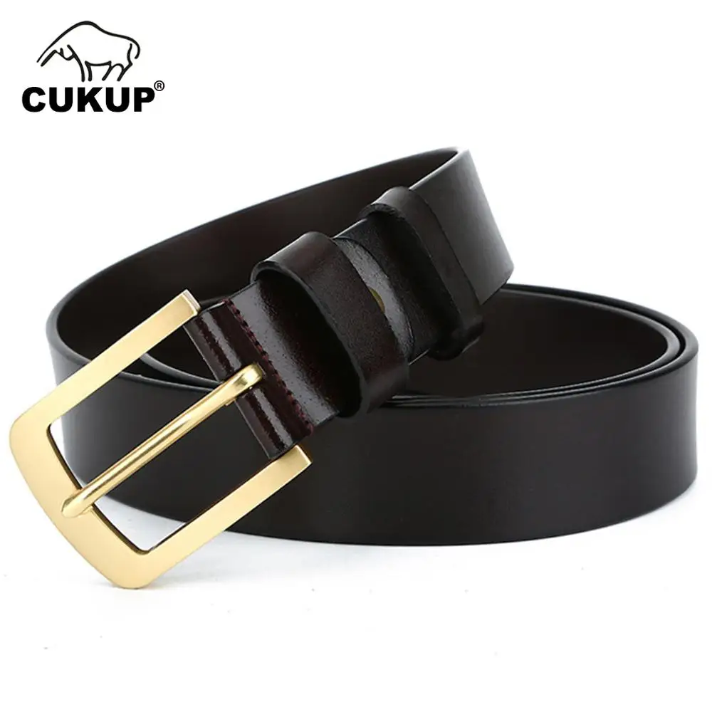 CUKUP Mens Top Quality 100% Pure Cow Cowhide Leather Belts Brass Pin Buckle Metal Belt Retro Styles Accessories for Men NCK701