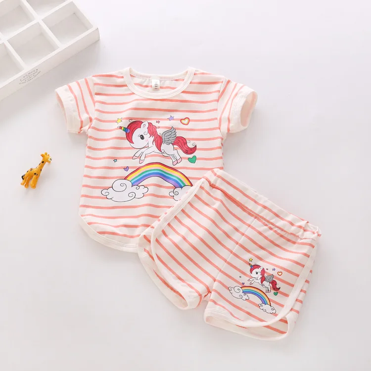 OKLADY Girl Summer Clothes Cotton Sportswear Unicorn Cartoon Print Short Sleeve Two-piece Boys Girls Kid | Детская одежда и обувь