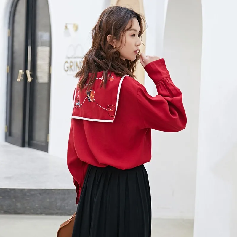 TWOTWINSTYLE Vintage Womens Shirts Blouse Sailor Collar Lantern Long Sleeve Hit Colors Embroidery Tops Female Spring 2019 New |