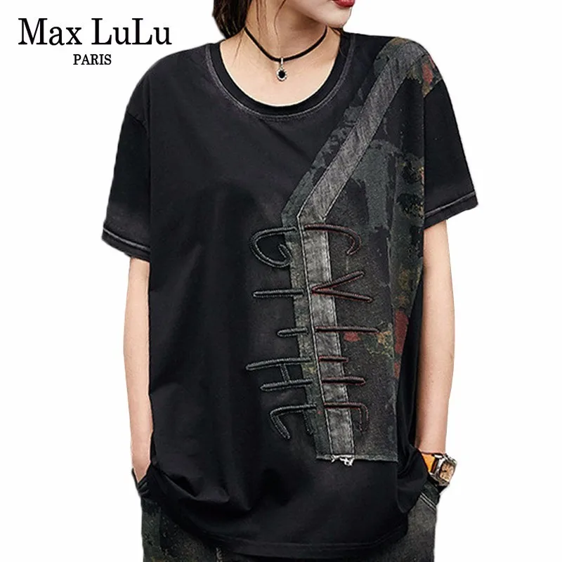 Женская футболка Max LuLu черная винтажная Повседневная в стиле пэчворк Корейском