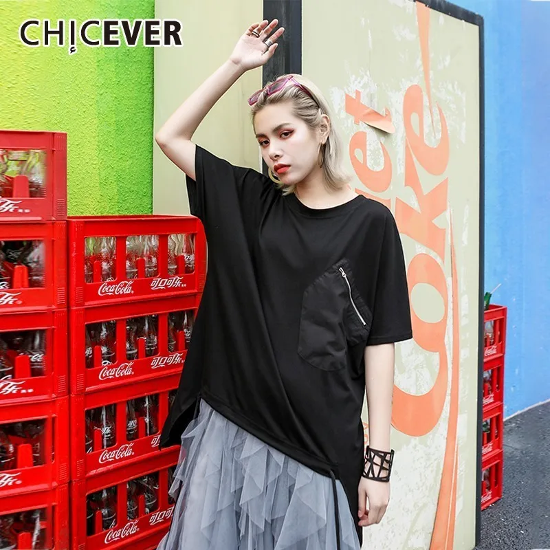 CHICEVER Летняя Повседневная однотонная женская Асимметричная футболка с О-образным