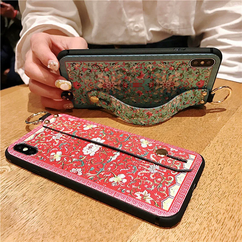 Flowers Wrist Strap Soft Tpu Phone Case For iphone 7 6 8 Plus X Xs Max Xr Flower Embroidery Pattern Cover | Мобильные телефоны и