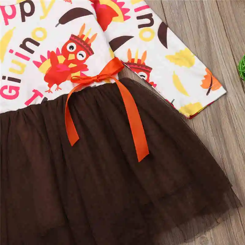 Happy Thanksgiving Toddler Kids Baby Girls Dress Autumn Letter Patchwork Long Sleeve Turkey Party Tutu Lace Dresses Headband | Детская