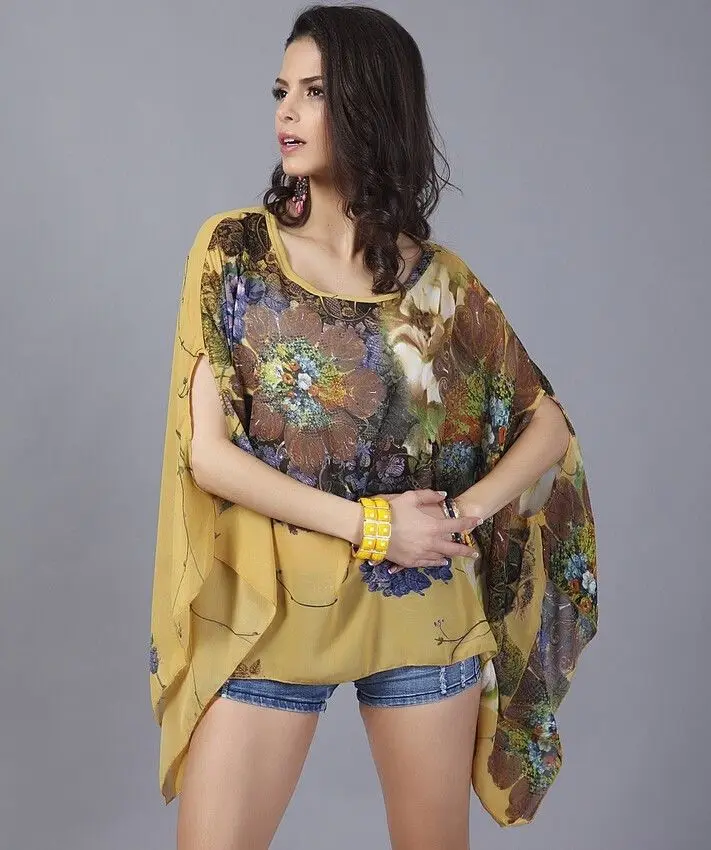 Wooho Loose Batwing Sleeve Chiffon Casual Blouse Shirt Tee Tops Blousemen Sexy Floral Print | Женская одежда