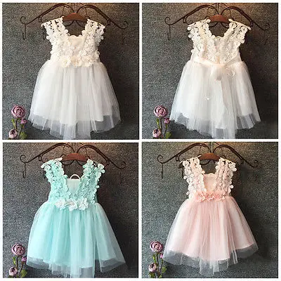 2019 Brand Baby Girls Dress Princess Party Lace Tulle Flower Gown Fancy Dridesmaid Mesh 3Colors Pink&ampBlue&ampWhite Kid | Детская