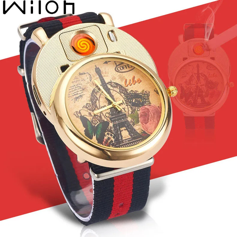

Smart Men Quartz watch USB Charging Replaceable tungsten wire Multifunction lighter watches lovers Canvas creative dial clock