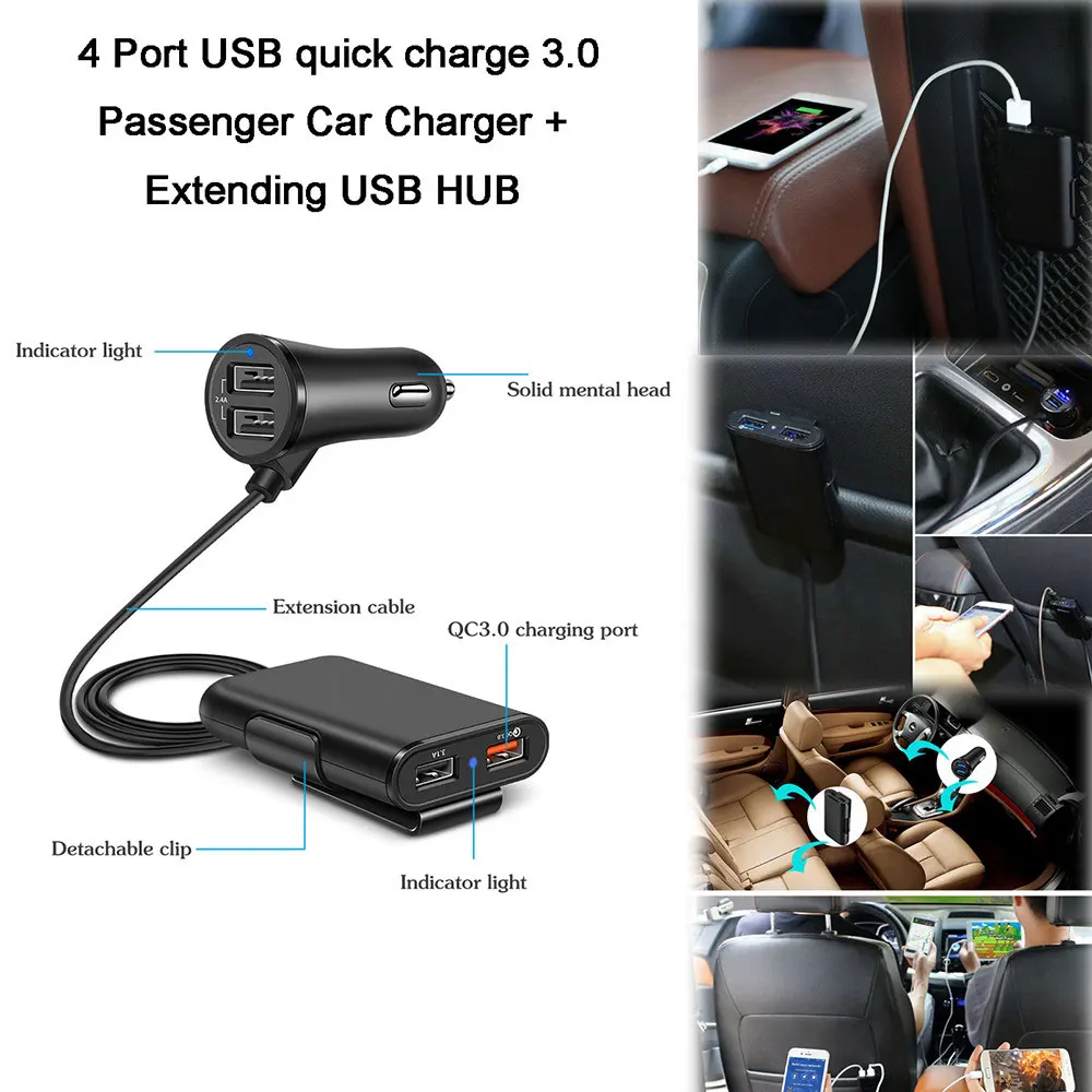 Универсальное автомобильное зарядное устройство KISSCASE на заднее сиденье USB концентратор с 4 портами QC3.0 для