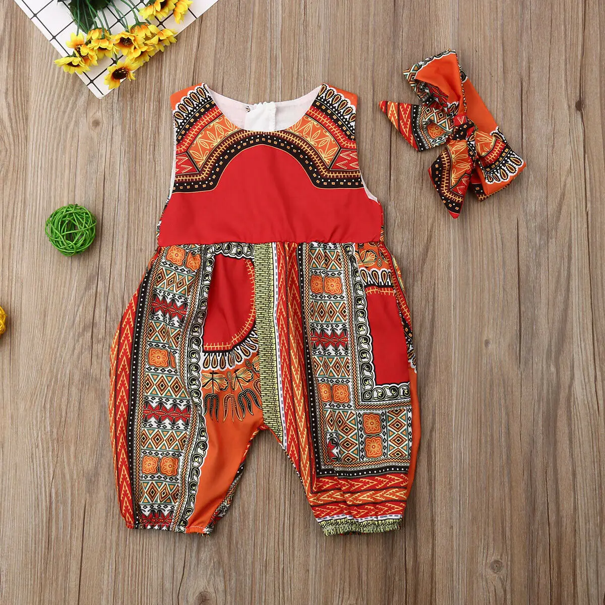 Infant Toddler Baby Kids Girls Summer Sleeveless Zippered Printing Rompers+Headband 2pcs Casual Outfits | Детская одежда и обувь