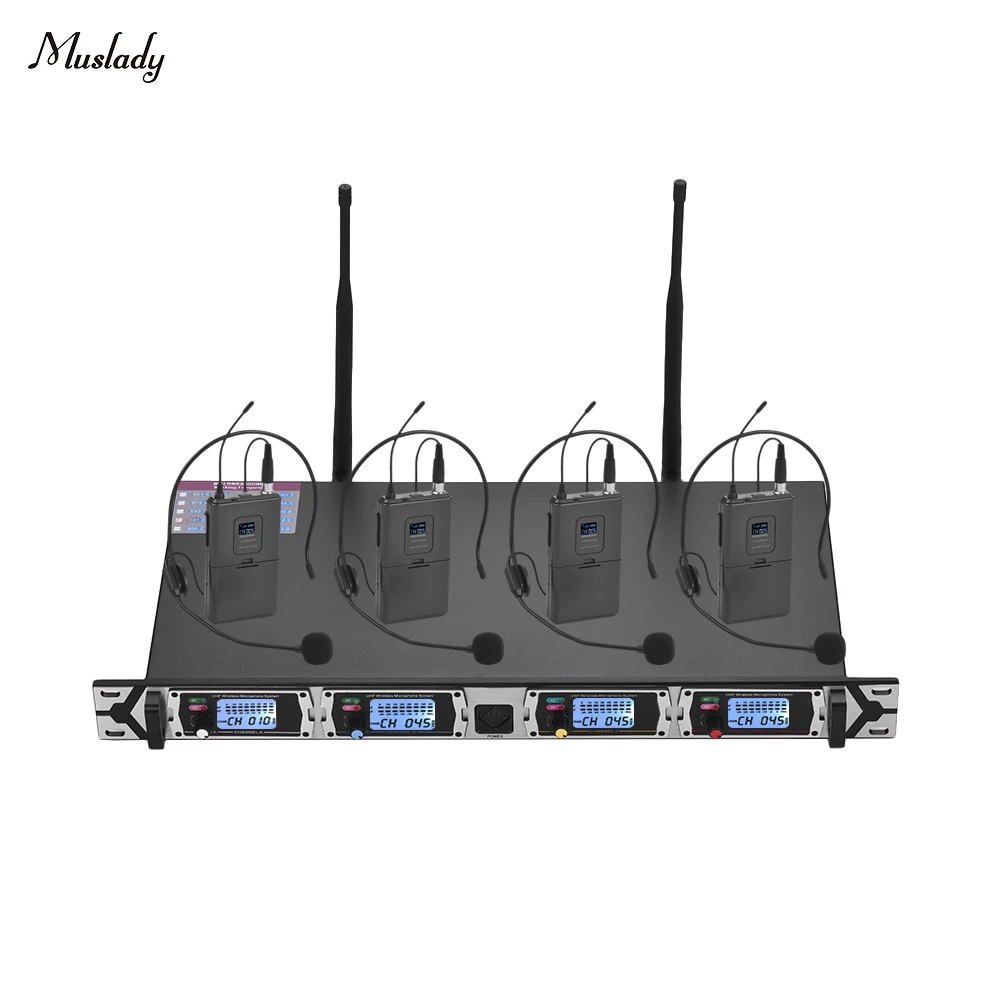 

Muslady D4-2 Professional 4-Channel UHF Wireless Microphone System Includes 4 Headset Microphones with Bodypack Transmitters