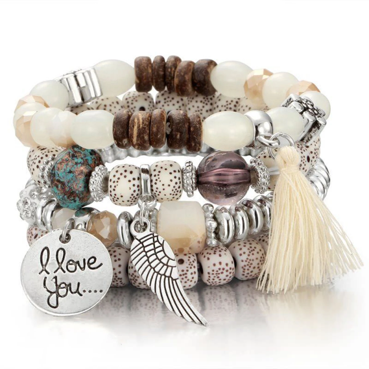 4pcs Set Bohemian I Love You Wing Tassel Beaded Bracelet for Women Adjustable Flower Colorful Stone Bangle Jewelry For Femme | Украшения и