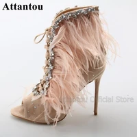 fashion bling bling colorful rhinestone with pink feather high heel sandal boots woman lace up open toe short boots