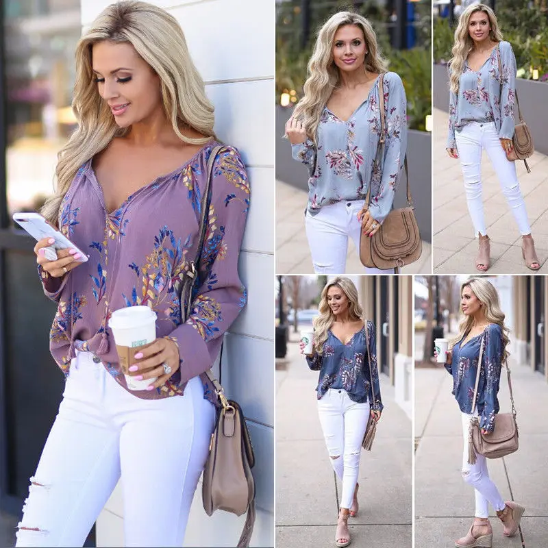 Женская Шифоновая Блузка Boho свободная рубашка с длинным рукавом и цветочным