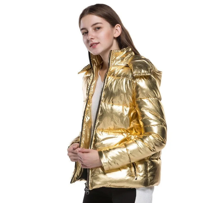 Female Laser Metallic gold color Jacket Women bread style Luxury shiny Windbreaker Hooded coat Thick Cotton Padded Outwear A9056 | Женская