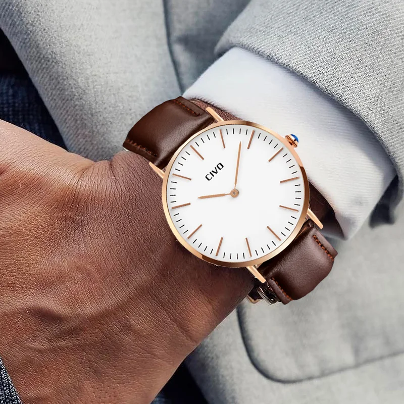 

CIVO Watch Top Brand Luxury Waterproof Quartz Wristwatch Simple Classic Design Genuine Leather Analogue Ultra Thin Watch