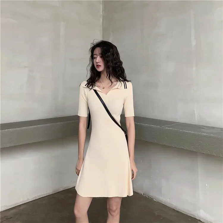 Summer Deep V Tun down Collar A Line Short Dress Casual High Street Women Knitted Dresses Sleeve Elastic Slim Mini Dress|Женские платья|