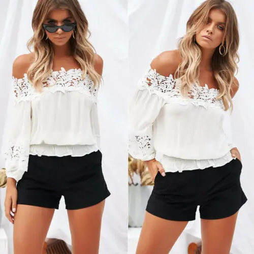 2019 White Ruffle Patchwork Slash Neck Fashion Women's Summer Off Shoulder Long Sleeve Casual Lace Blouse Loose Tops Shirt |