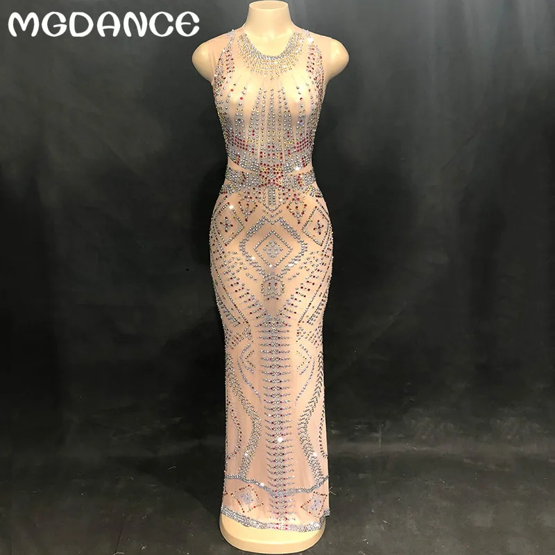 

New Sparkly Rhinestones Mesh Long Dress Perspective Sexy Female Singer Stage Evening Luxurious Dress Women's Birthday Outfit