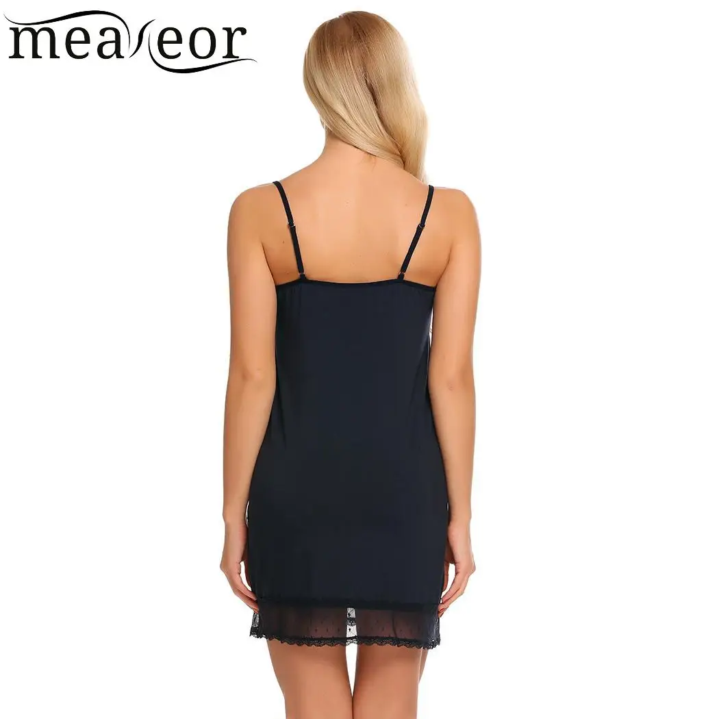 Meaneor Lace Trim Women Sleepwear Chemise Nightgown Slip Lingerie Dress Solid Strappy Sleep V Neck Summer Nightwear |