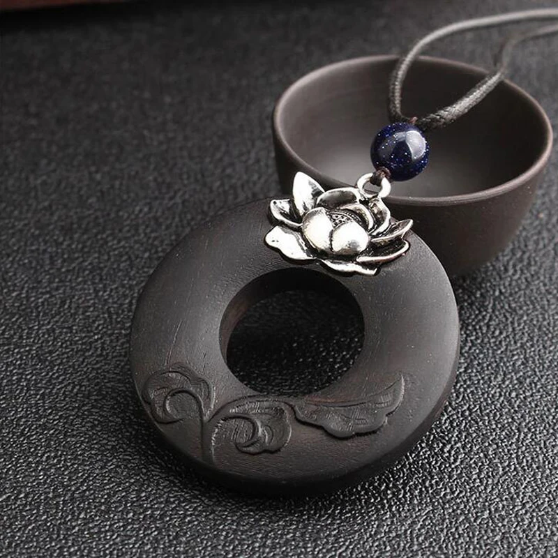 Vintage Ornament Circle Wooden Alloy Lotus Pendant Sweater Necklace for Women Simple Jewelry Accessories | Украшения и аксессуары