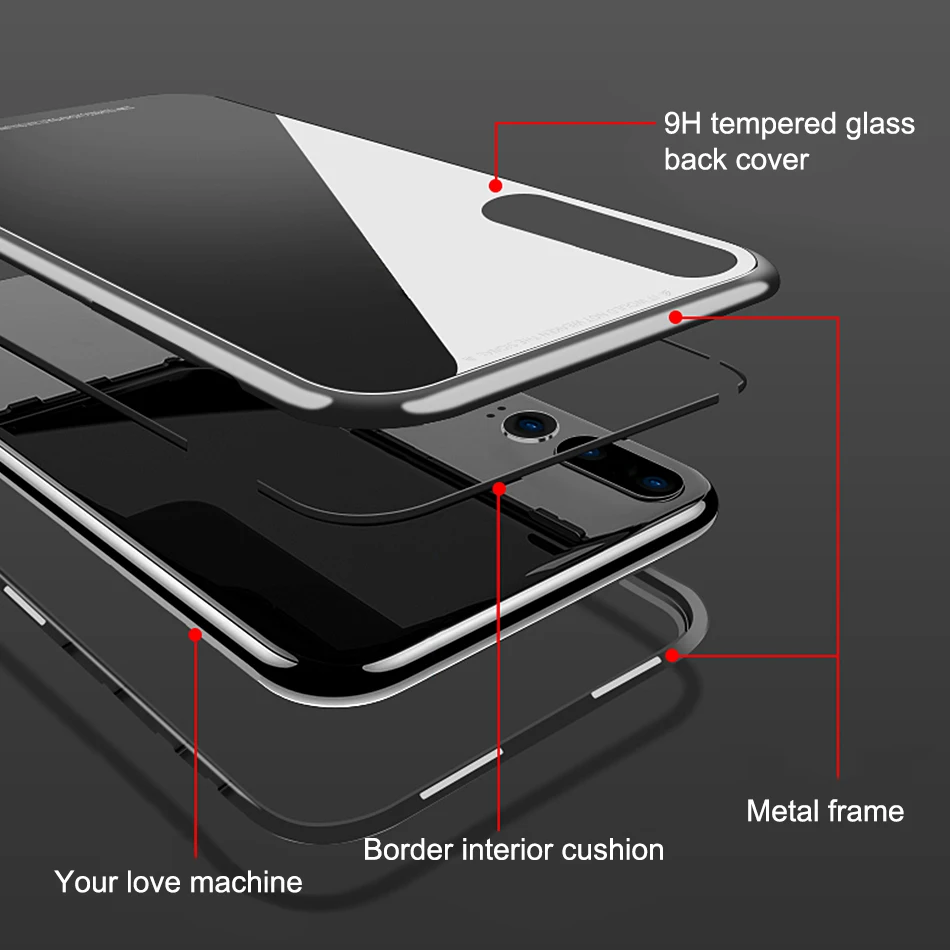 Magnetic Adsorption Case for Huawei P20 Pro Lite Luxury Magnet Tempered Glass Mate 20 lite Nova 3 |