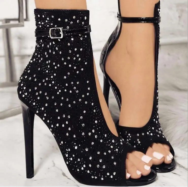 

Moraima Snc 2019 New Fashion Woman Summer Ankle Boots Hollow Design Crystal Decor Thin Heels Peep Toe Sexy Boots Short Boots