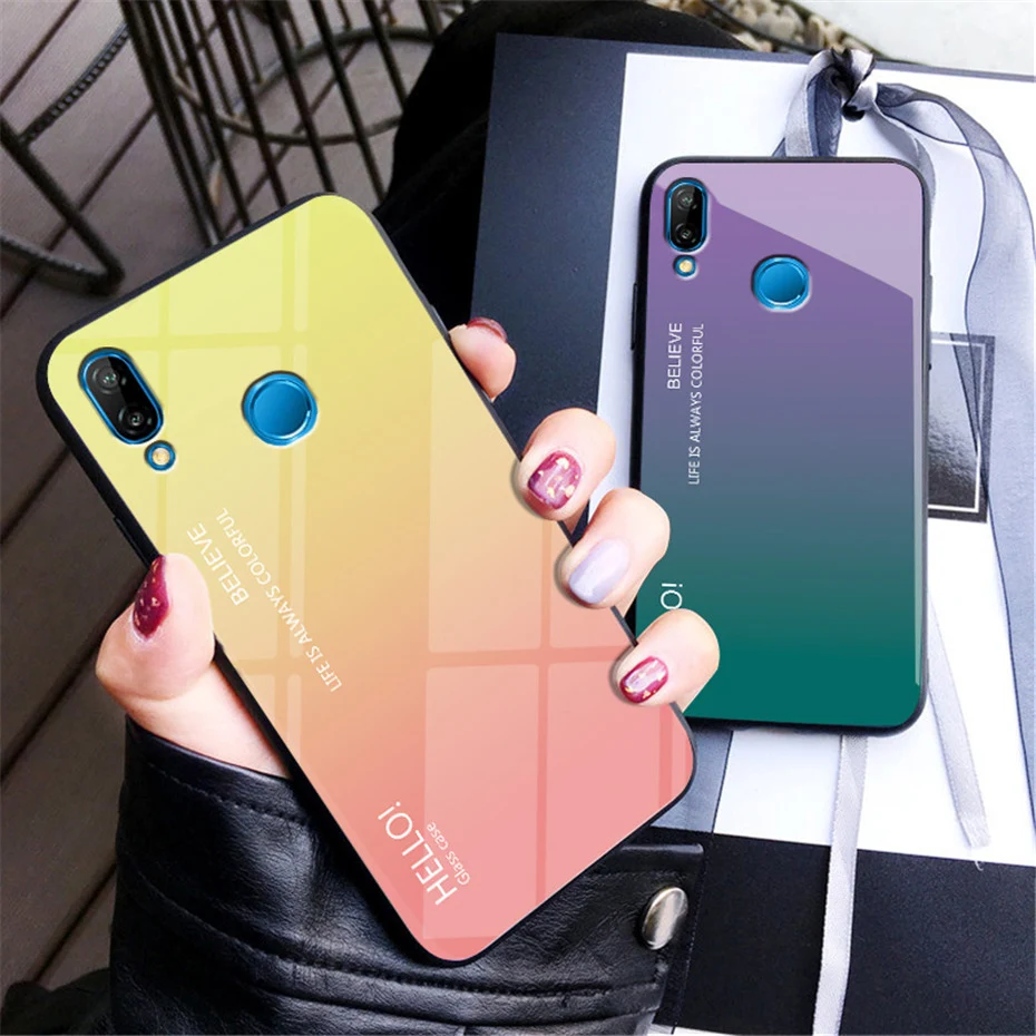 

Huawei P9 P10 P20 Pro Case Gradient Aurora Tempered Glass Case with Silicone Bumper Cover For Honor 8X Mate 8 9 10 20 Lite Pro