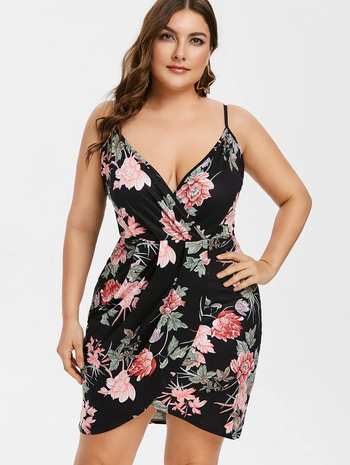 Wipalo Women Plus Size Floral Print Mini Bodycon Dress Sexy Plunging Neck Spaghetti Strap Split Sundress Casual Summer Vestidos|Женские