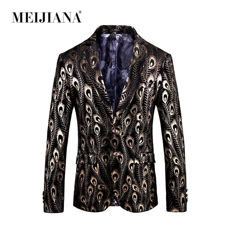 

Blazer Casual MEIJIANA 2018 Fashion Slim Men Wedding Two Suit 3d Button Jackets Fit Party US Size Peacock Coat Print