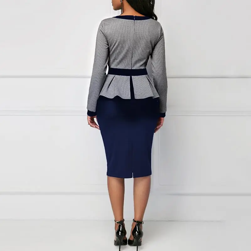 Women Dress 2019 Spring Elegant Long Sleeve Color Block Bowknot Patchwork Round Neck Bodycon Office Lady Party Midi | Женская одежда