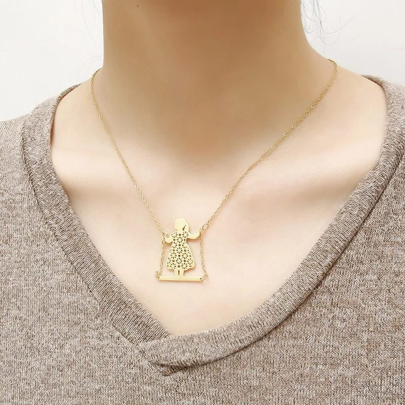 RIR Stainless Steel Cute Little Girl Swinging Necklaces Elegant Temperament Jewellery Necklace Gift For Children | Украшения и