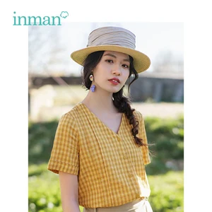 INMAN Летняя женская клетчатая рубашка с v-образным вырезом в стиле ретро