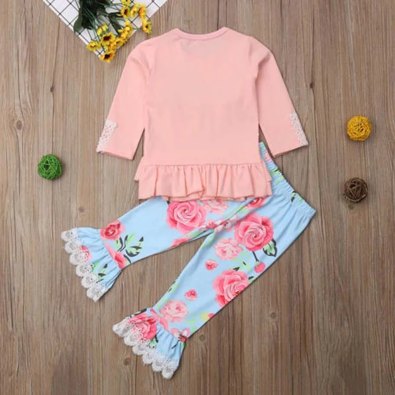 2019 Brand Kids Baby Girls Princes Clothes Spring Autumn Outfits Ruffle Lace T-shirt Tops Dress+Floral Leggings Flare Pants 2Pcs | Детская