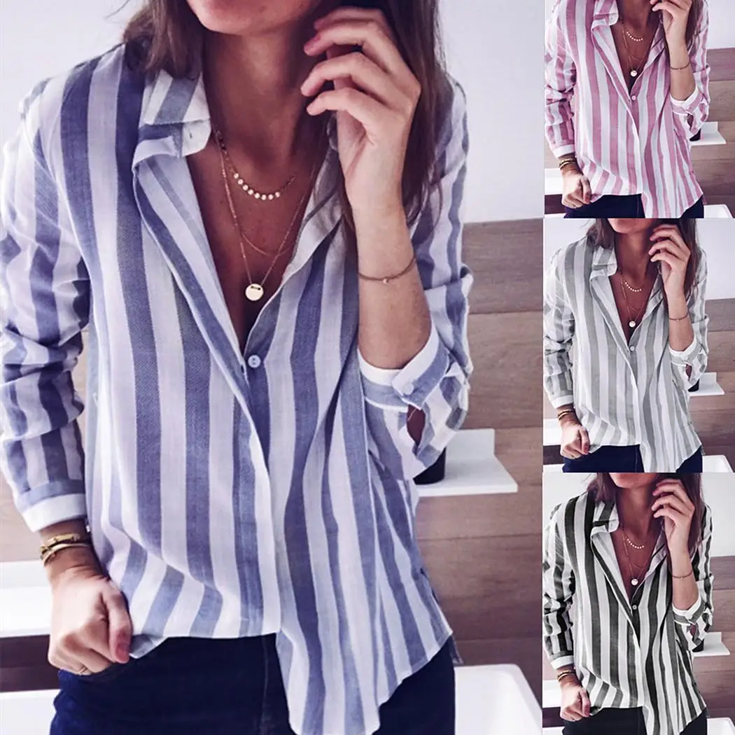 Women Casual Turn-down Collar Long Sleeve Loose Summer Striped Regular Single Breasted Shirt |