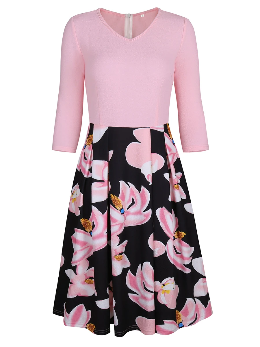 Women Ladies Elegant 3/4 Sleeve Floral V-neck Midi Dress Cocktail Party | Женская одежда