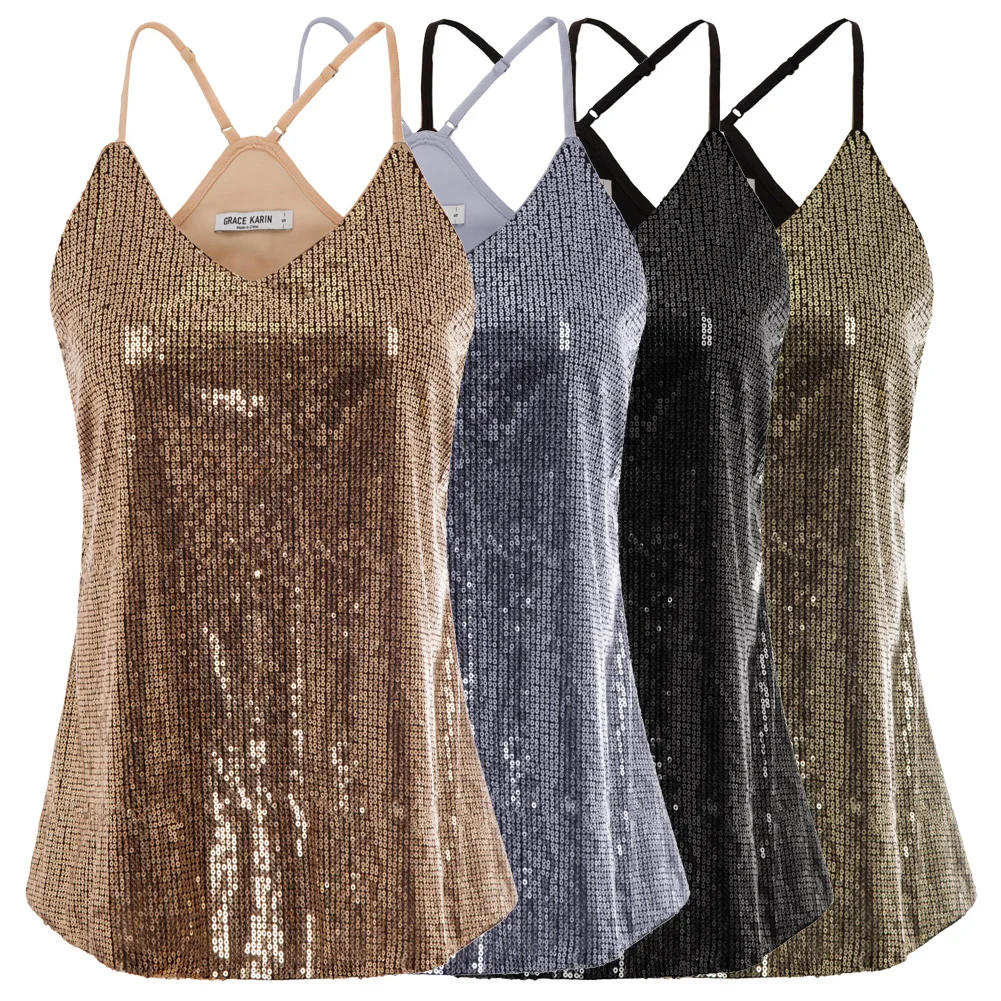 Kate Kasin Sexy Sequin Tops Womens Sleeveless Sparkle Shimmer Camisole Vest Spaghetti Strap Glitter Tank Clubwears | Женская одежда