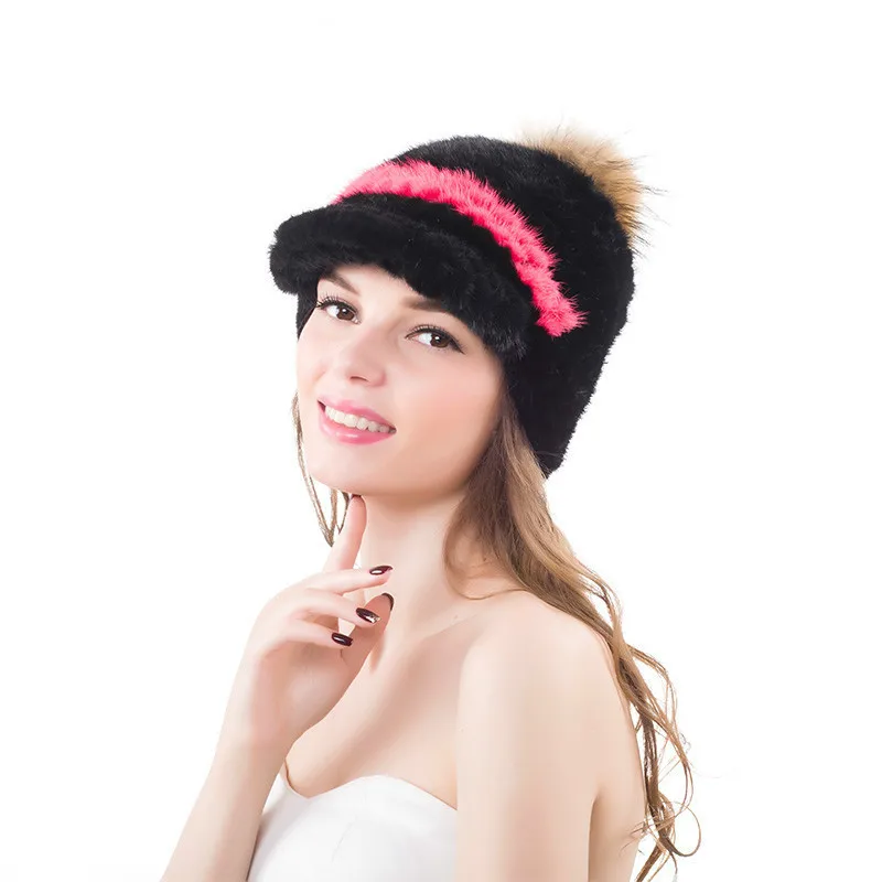 Real Mink Fur Hats With Raccoon Pompom Winter Warm Fashion Women Visors Hat Caps |