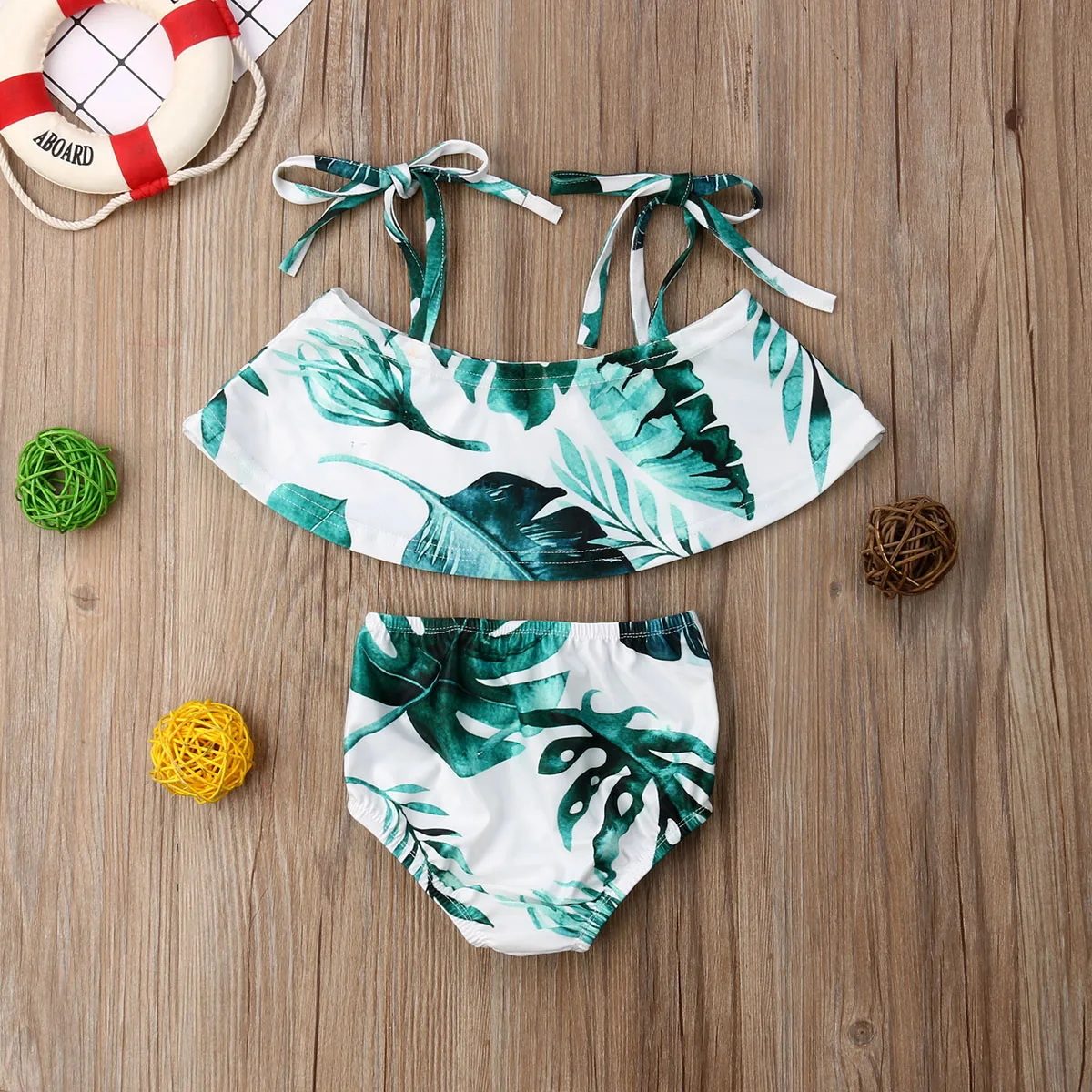 Купальник-бикини без рукавов с ремнем и принтом в виде листиков для маленьких