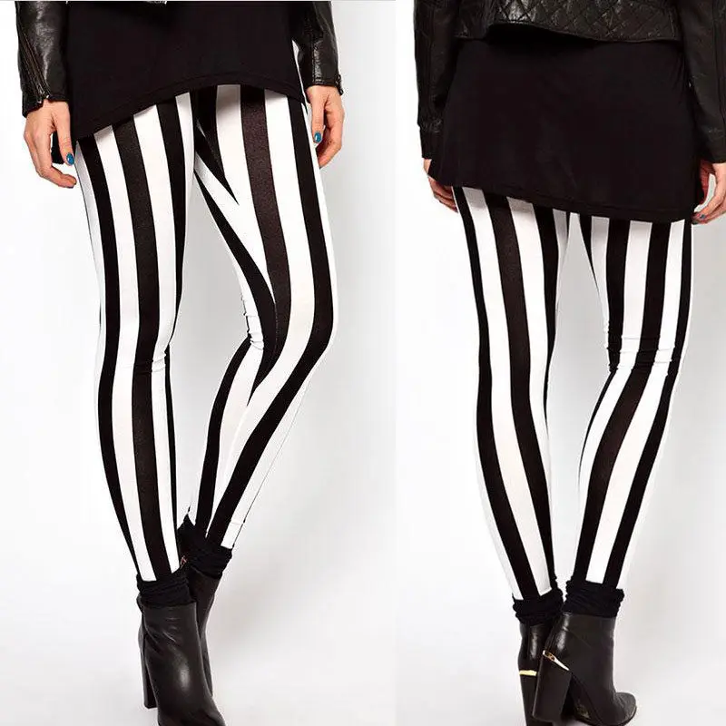 Модные женские брюки повседневные черно-белые эластичные полосатые Стрейчевые