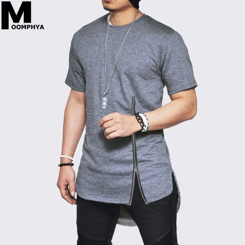 

Moomphya 2019 New Zipper short sleeve men t shirt Streetwear side slit t-shirt for men Longline curve hem hip hop funny tshirt