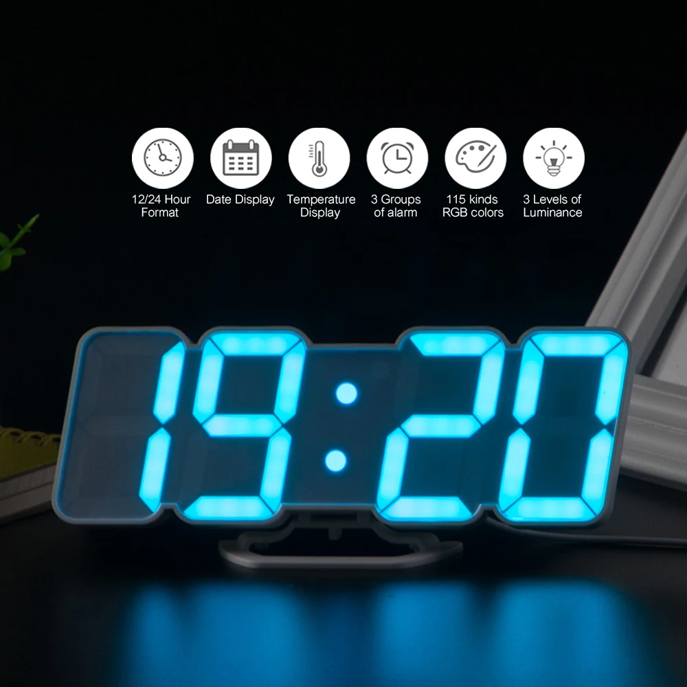 3D Wireless Remote Digital Alarm Clock USB Powered Temperature/Date Display RGB LED 3-Level Brightness Sound Control Wall | Дом и сад