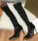 Женские ажурные Сапоги выше колена, черные сетчатые сапоги на высоком тонком каблуке, с острым носком, на лето